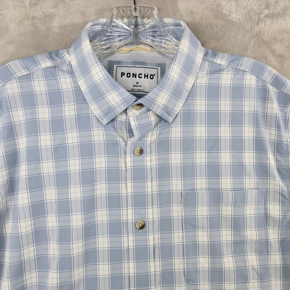 Poncho ultra-lite Button Down Shirt Mens Medium Blue Plaid Short Sleeve Slim Fit
